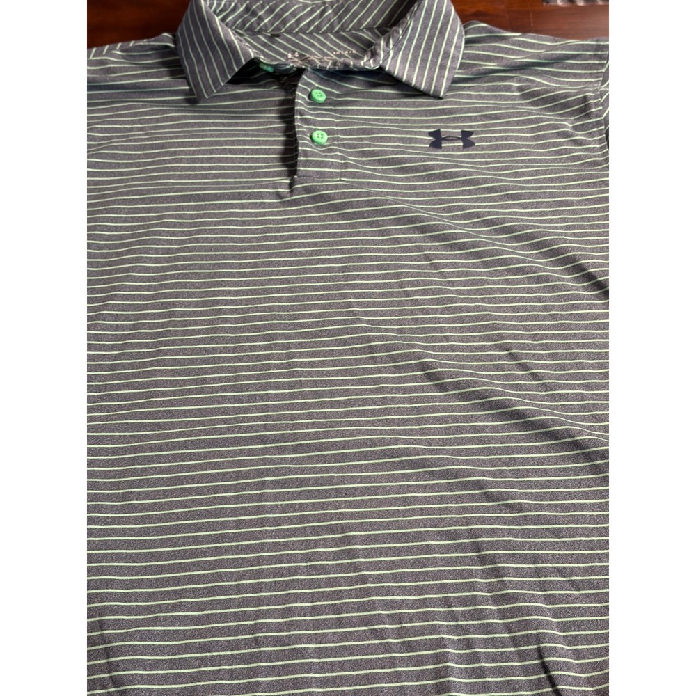 Under Armour Mens HeatGear Polo Shirt Gray Lime Green Striped Golf Large